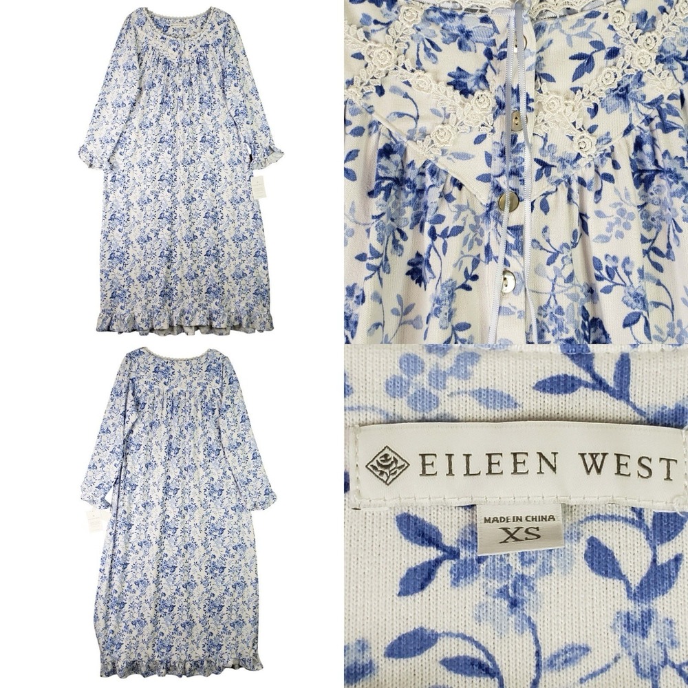 Eileen West Nightgown Long Sleeve Blue Floral Lace Women's Size XS New